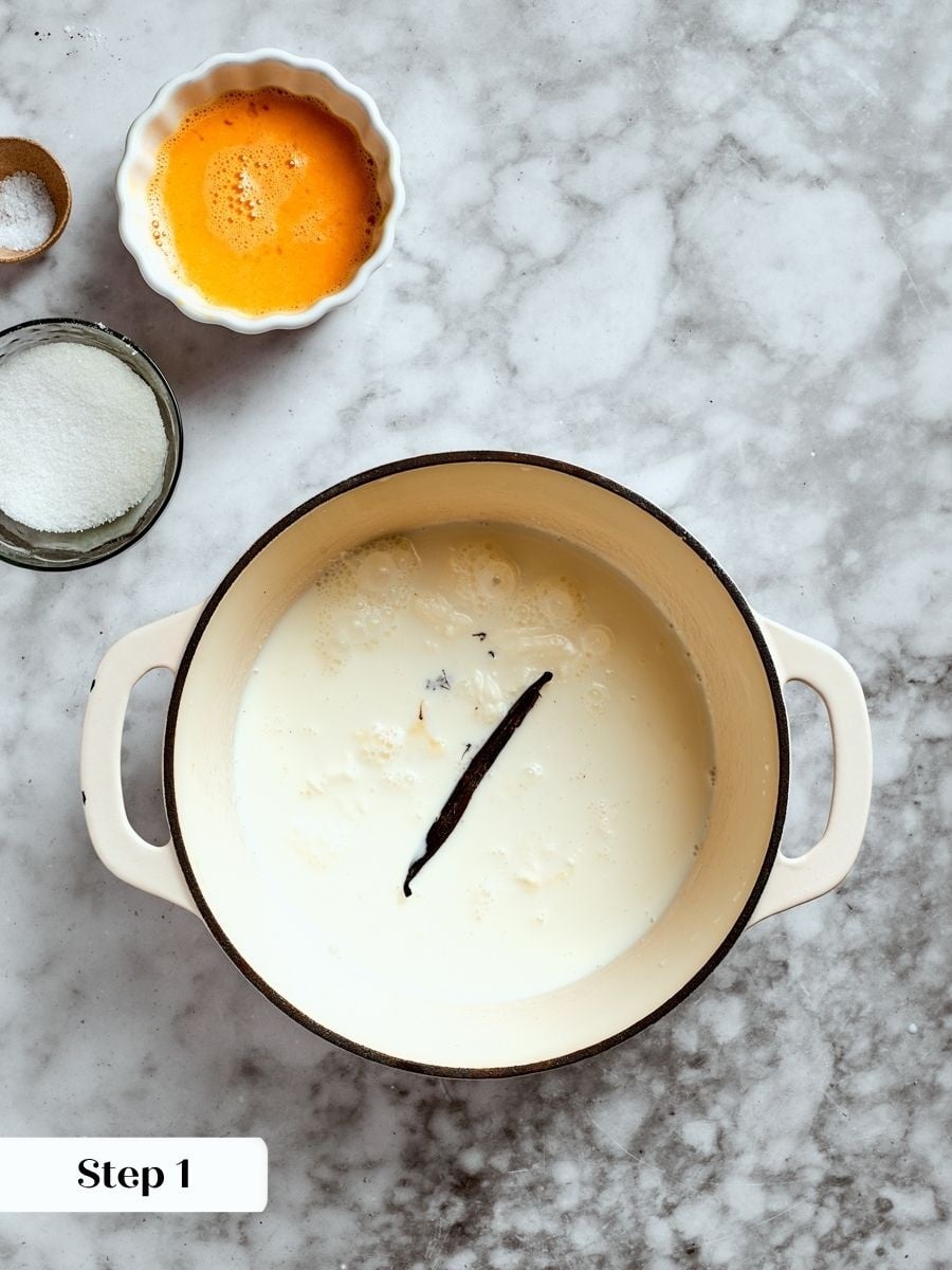 Steeping the scraped vanilla bean in hot dairy gives this crème anglaise its deep vanilla flavor.