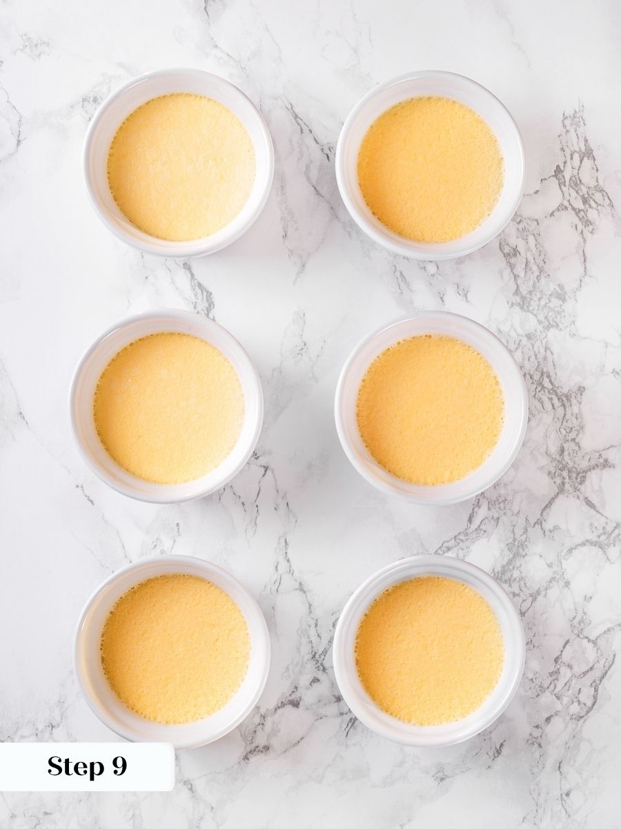 Pulled at a gentle jello-like jiggle, each vanilla creme brulee firms up fully as it chills.