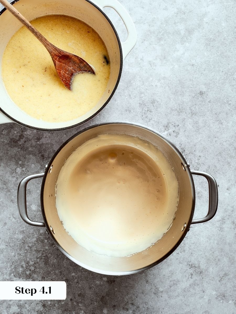 Having the hot cream and eggs side by side makes tempering vanilla creme brulee less stressful.